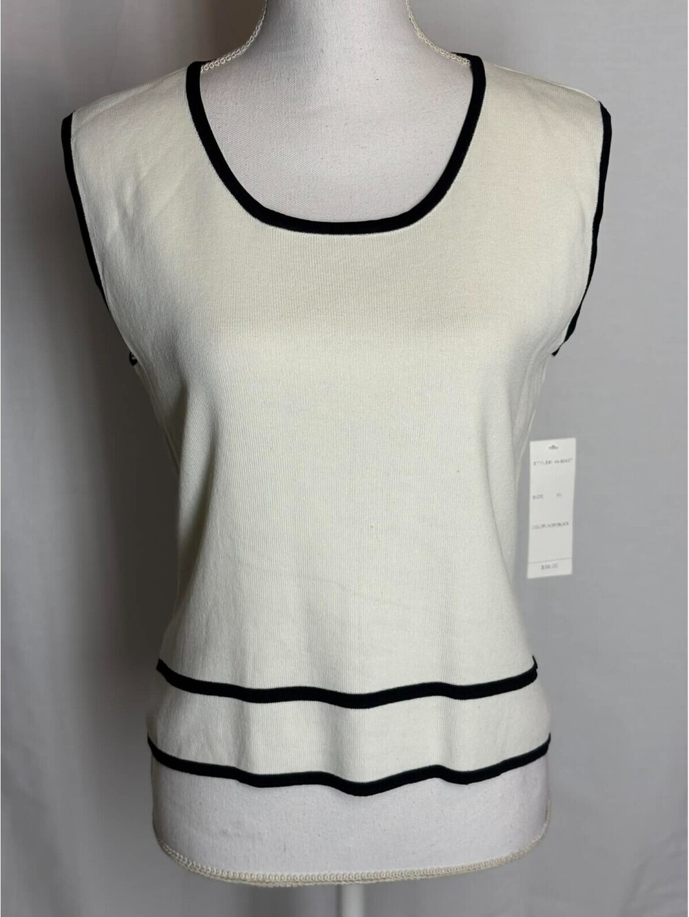 Vintage Finity Ivory Cream Black Knit Sleeveless Blouse Top Round Neck XL NWT